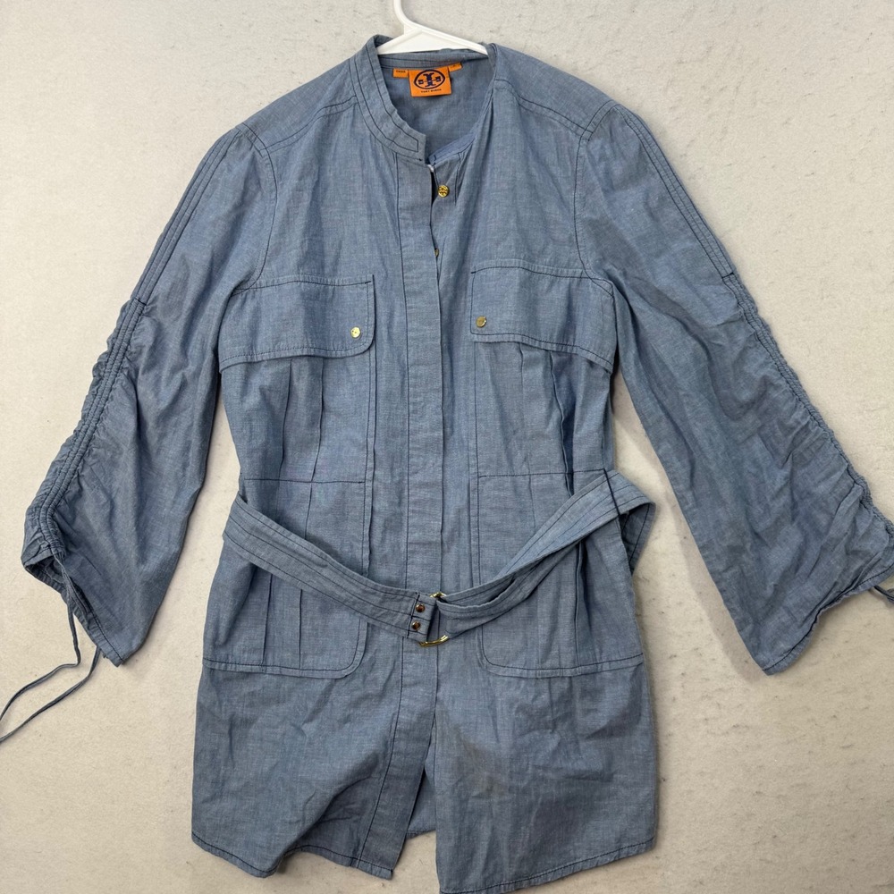 Tory Burch Belted Chambray Tunic Women 2 Blue Cotton Utility Safari Coastal Chic